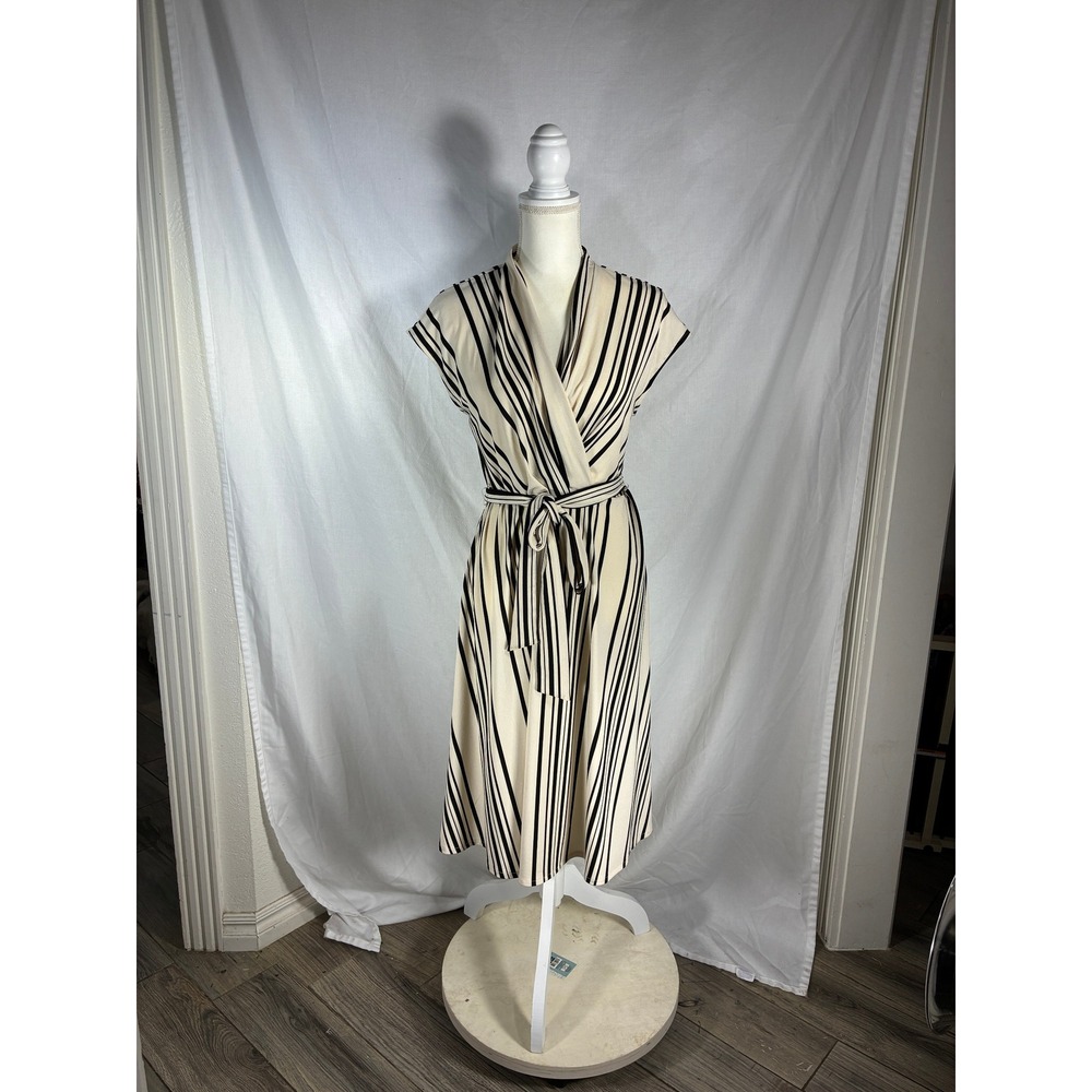 H&M Cream Black Striped Wrap Midi Dress Cap Sleeve Belted Size M